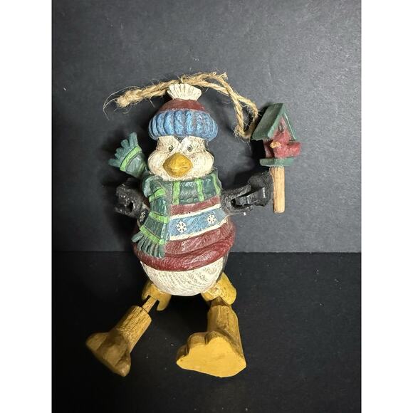 Vintage Carved Resin Penguin Ornament Articulated Faux Wood Whimsy Holiday Decor - Picture 4 of 4
